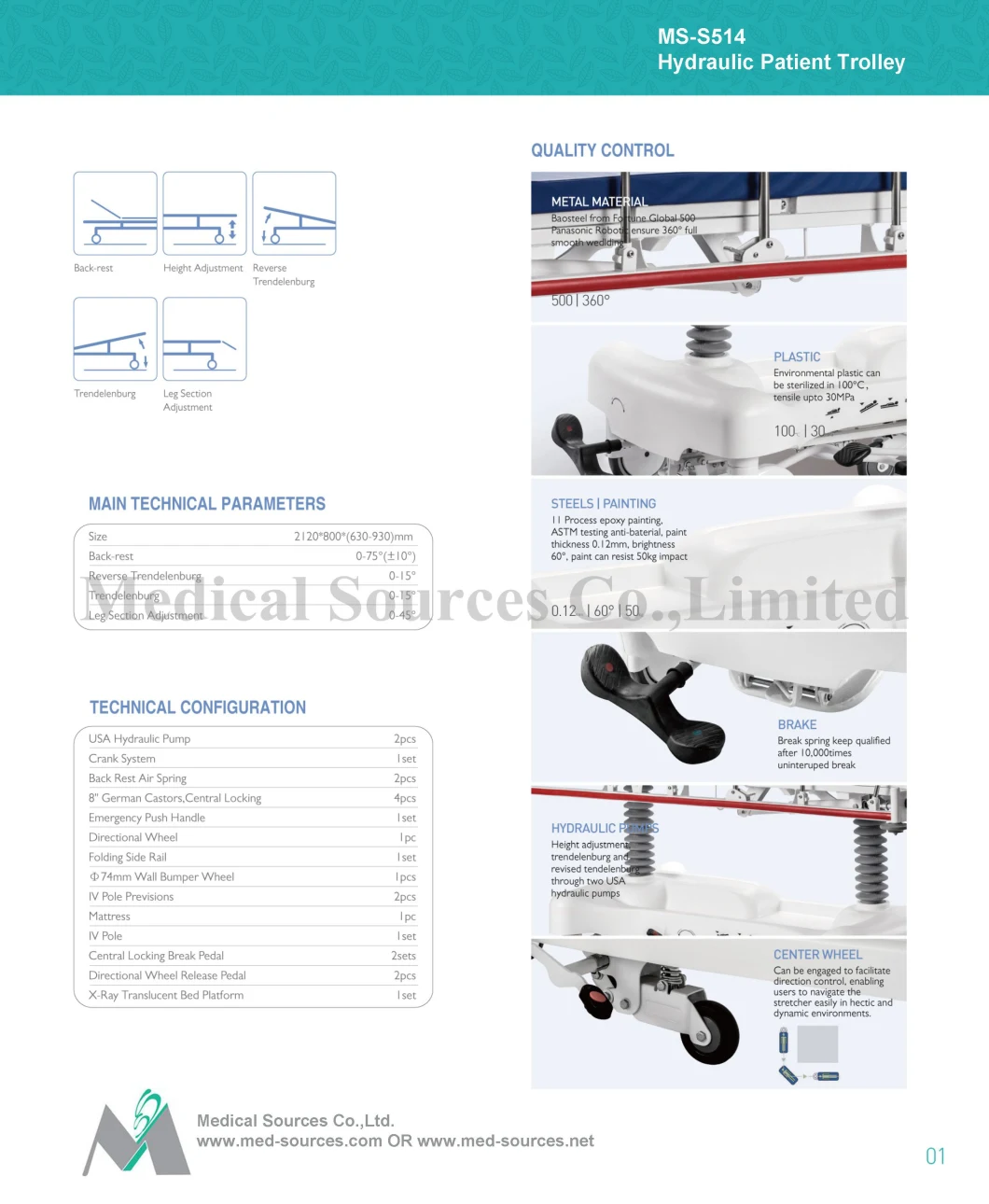 )Ms-S514) Ambulance Hydraulic Multi-Function Patient Transport Stretcher Trolley