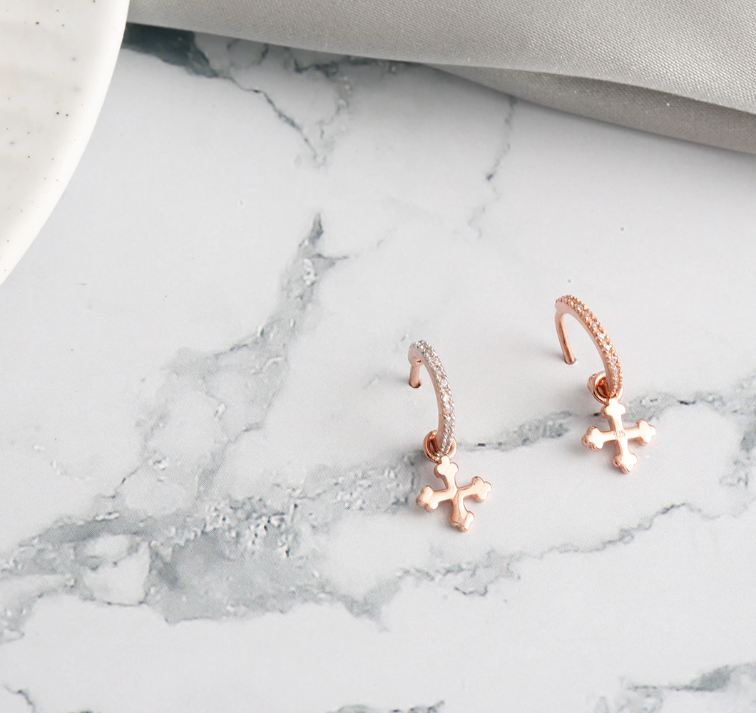 Fashion 925 Sterling Silver Hoop Earrings 18K Gold Plated Faith Cross Drop Earrings
