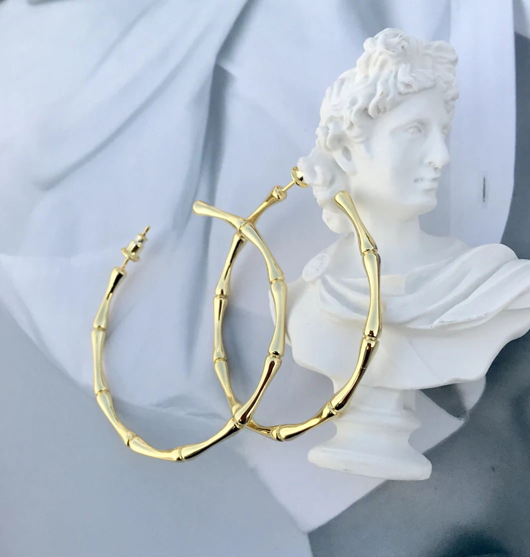 Simple Hoop Big Circle Bamboo Earrings Brass Gold-Plated Hipster Earrings Wholesale