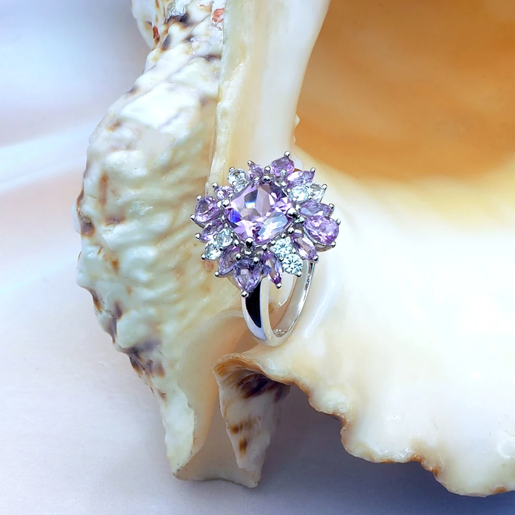 Fine Jewelry 925 Sterling Silver Jewelry Gemstone Amethyst Flower Ring for Women