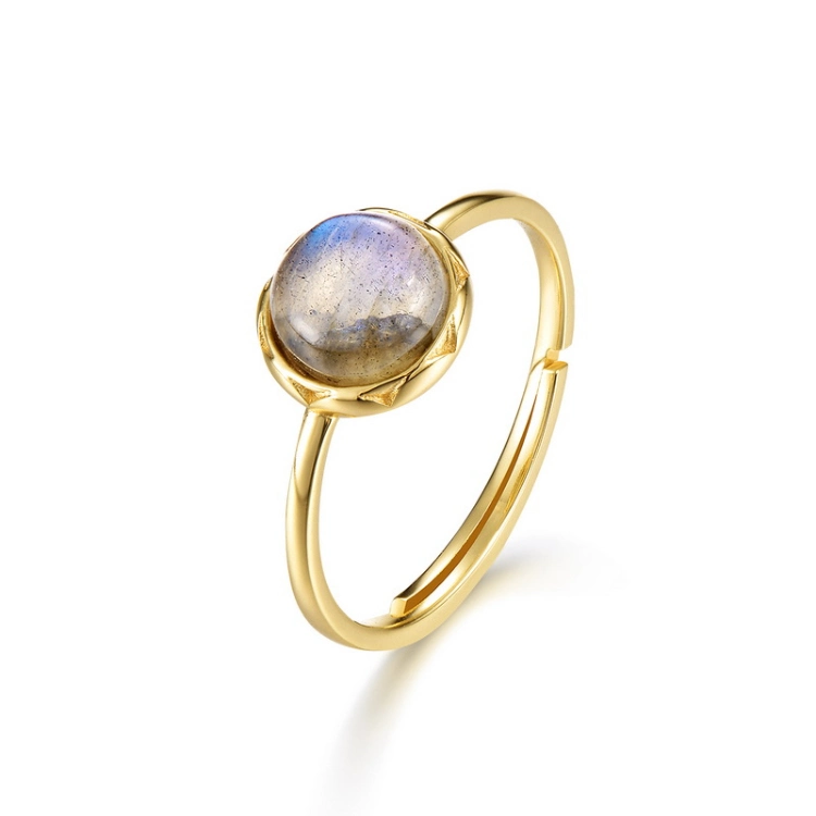 Handmade Round Stone Ring 925 Sterling Silver Jewelry Women Gold Plating Labradorite Ring