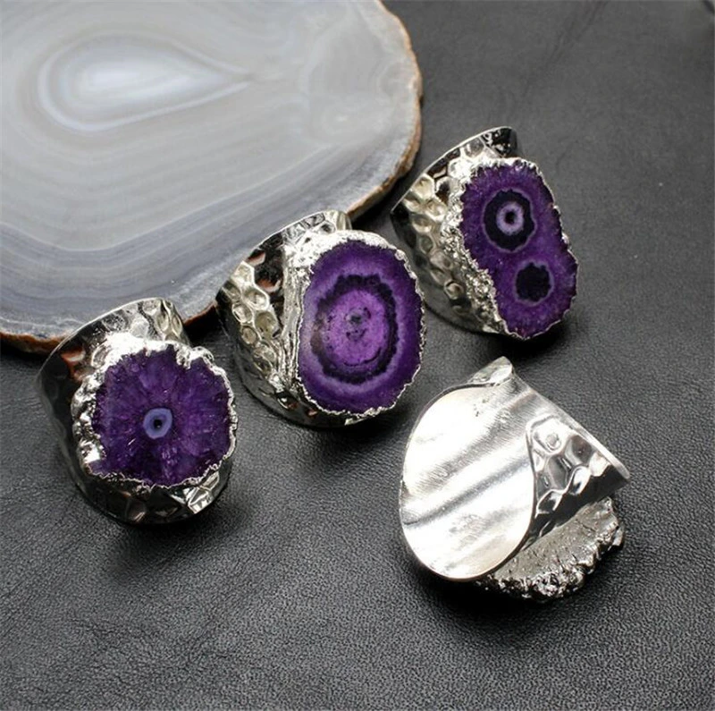 Natural Crystal Ring Sunflower Agate Rough Stone Plating Edge Opening Adjustable Hand Jewelry Inlaid Ring