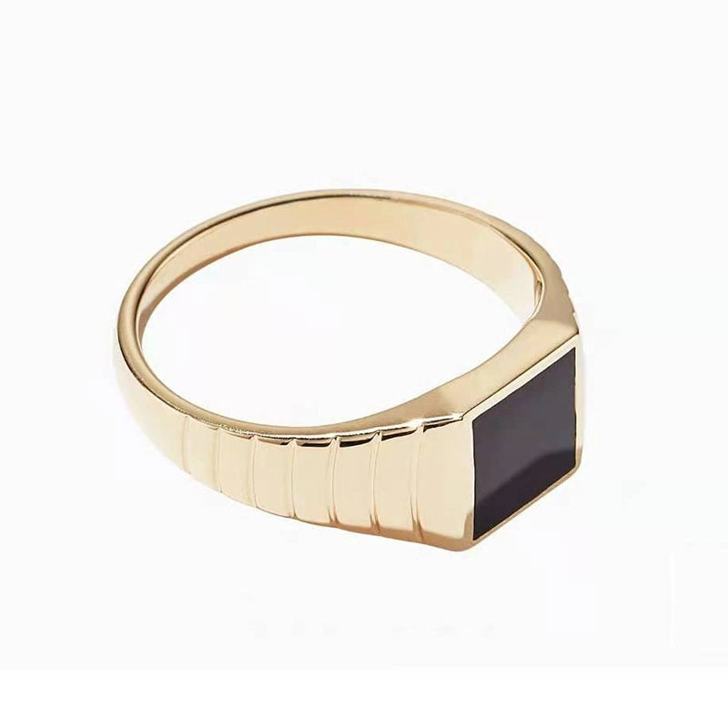 Wholesale Customized Logo Name Women Finger Jewelry 18K Gold Plated Stainless Steel Black Enamel Signet Rings