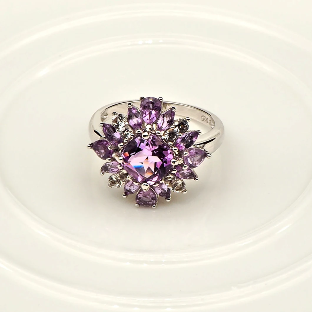 Fine Jewelry 925 Sterling Silver Jewelry Gemstone Amethyst Flower Ring for Women