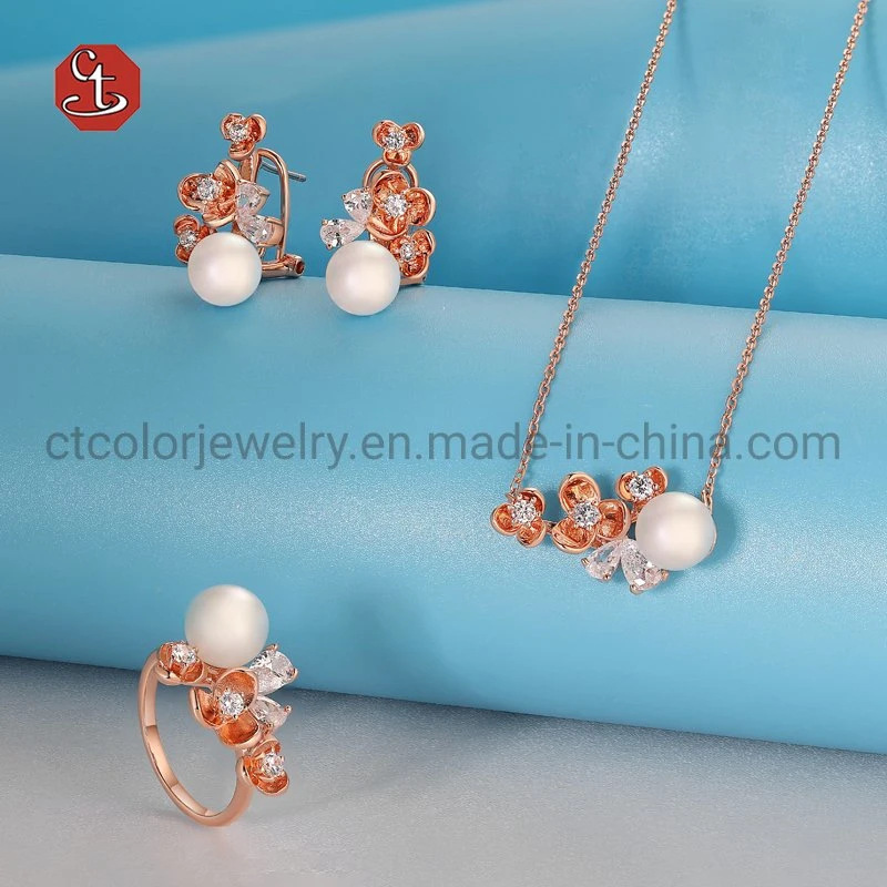 Elegant Fashion Jewelry 18k Rose Gold Plated Silver&Brass Flowers and pearls Rings