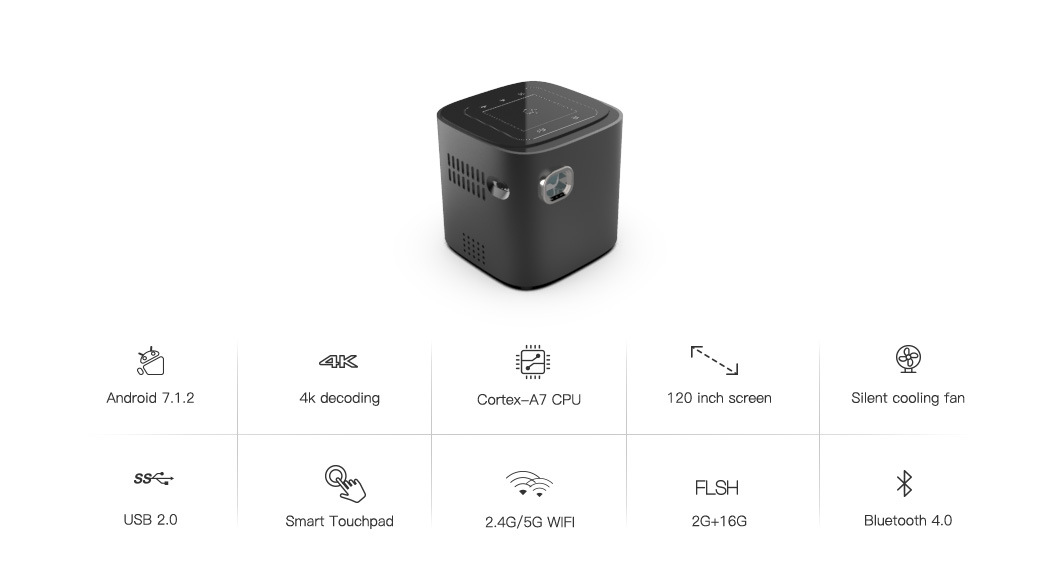 2+16g Mini Projector Home Use Portable Smart Phone Pico Projector 1080P HD Black Color