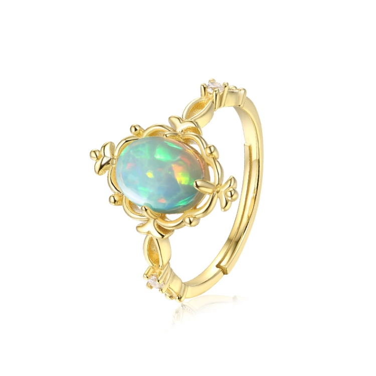 Luxury 925 Sterling Silver Dainty Opal Ring 14K Yellow Gold Plated Women Gemstone Jewelry Rings