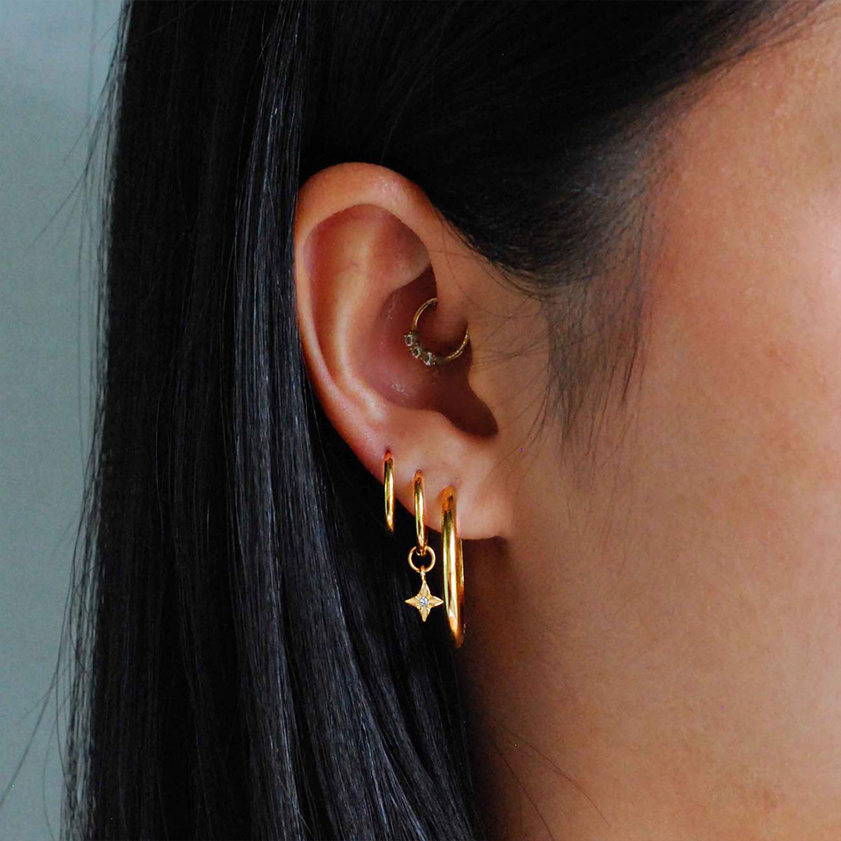 New Model 925 Sterling Silver Charms Stars 18K Gold Plated Hoop Earring