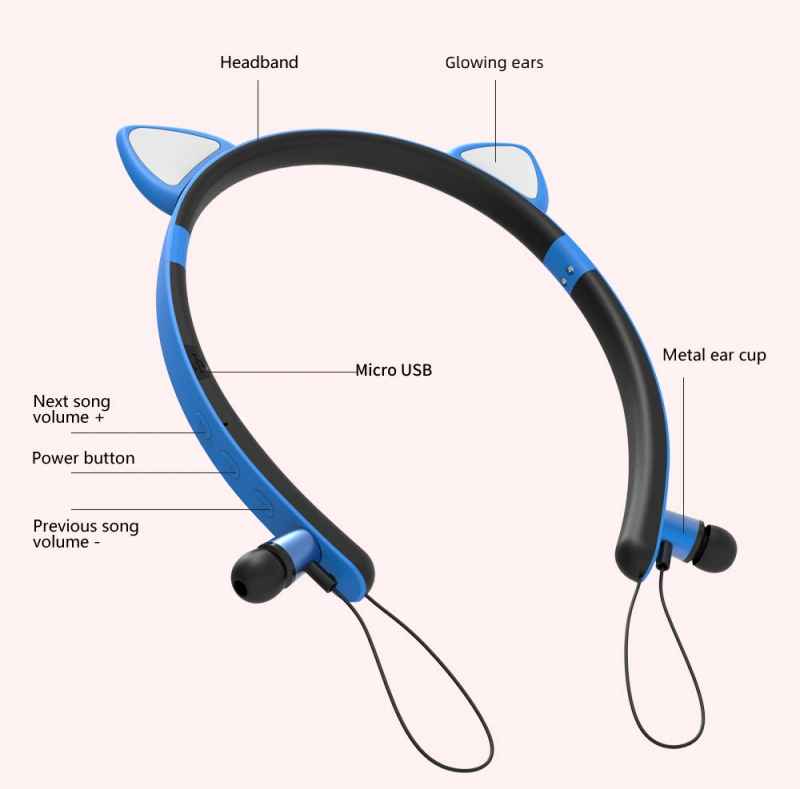 Cat Ear Neckband Earphones Bluetooth 5.1 LED Flashing Glowing Headset Gaming with Microphone