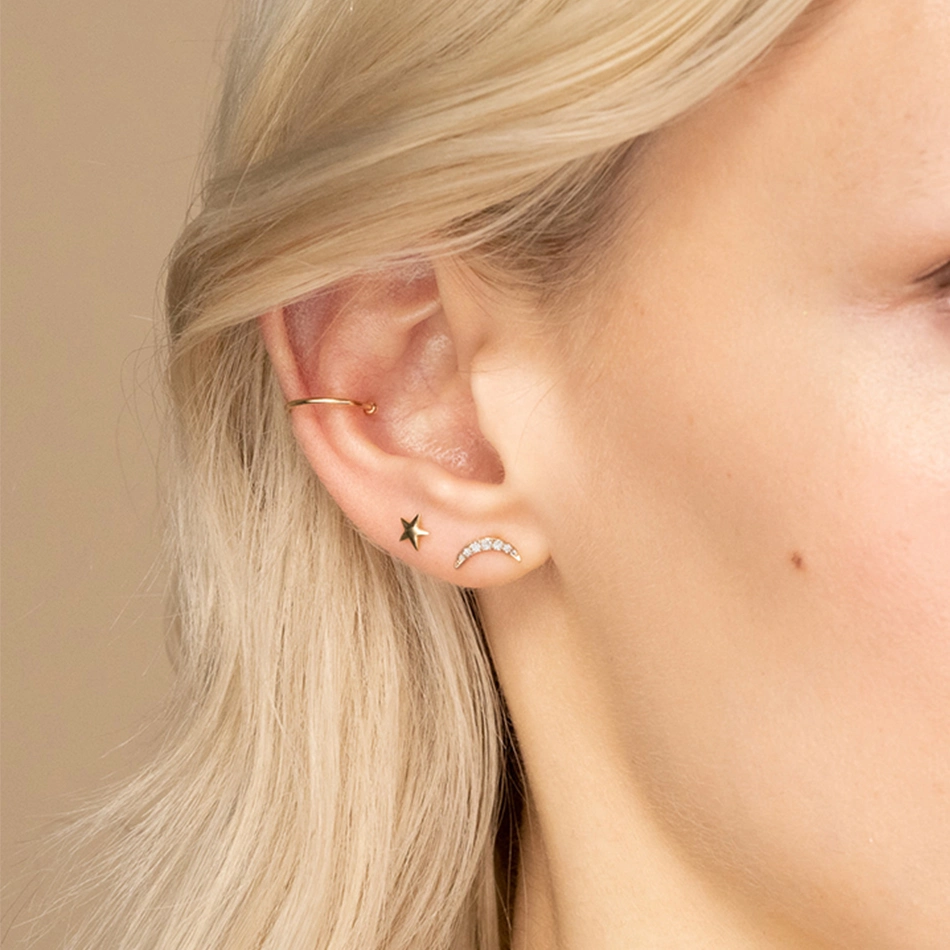 18K Gold Plated Luxury Jewelry 925 Sterling Silver Moon Stud Earrings with Cubic Zirconia