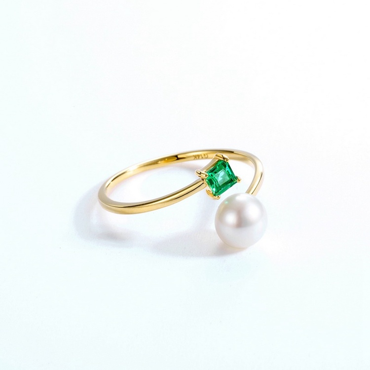 Fashion Natural Emerald Freshwater Pearl Adjustable Rings 14K 18K Gold Open Rings for Women