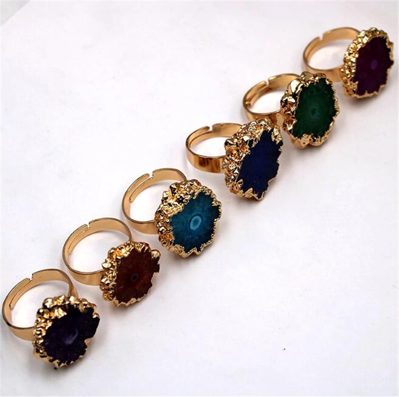 Gold Plated Solar Quartz Adjustable Rings, Raw Stone Sunflower Druzy Silver Plated Cigar Rings
