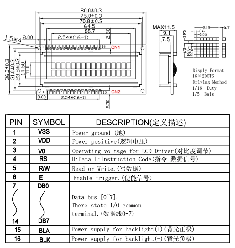 Character LCD Display 1602 Mdulo LCD 16X2 Monochrome LCD Display Module