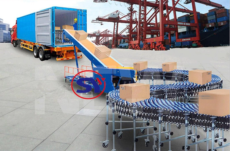 Warehouse Cargo Discharge Climbing Belt Conveyor Line Combined with Telescopic Roller Conveyor