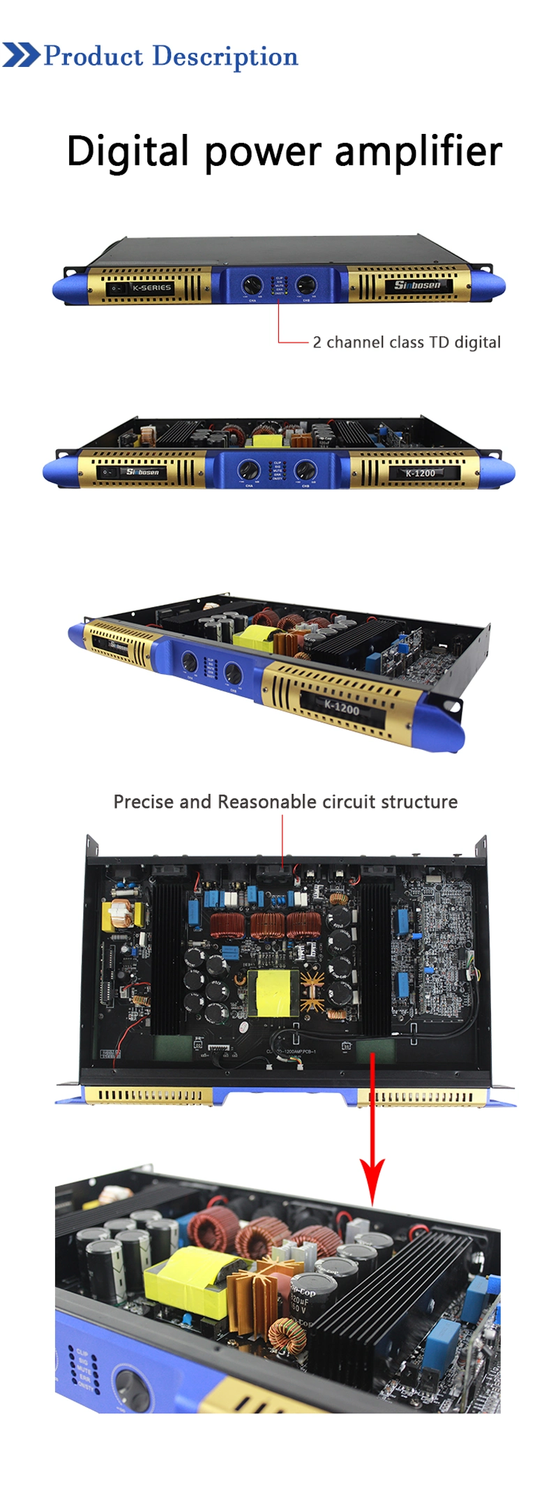 1u Digital 1200W 2CH Professional Bar Amplifier Small Application Professional Power Amplifier