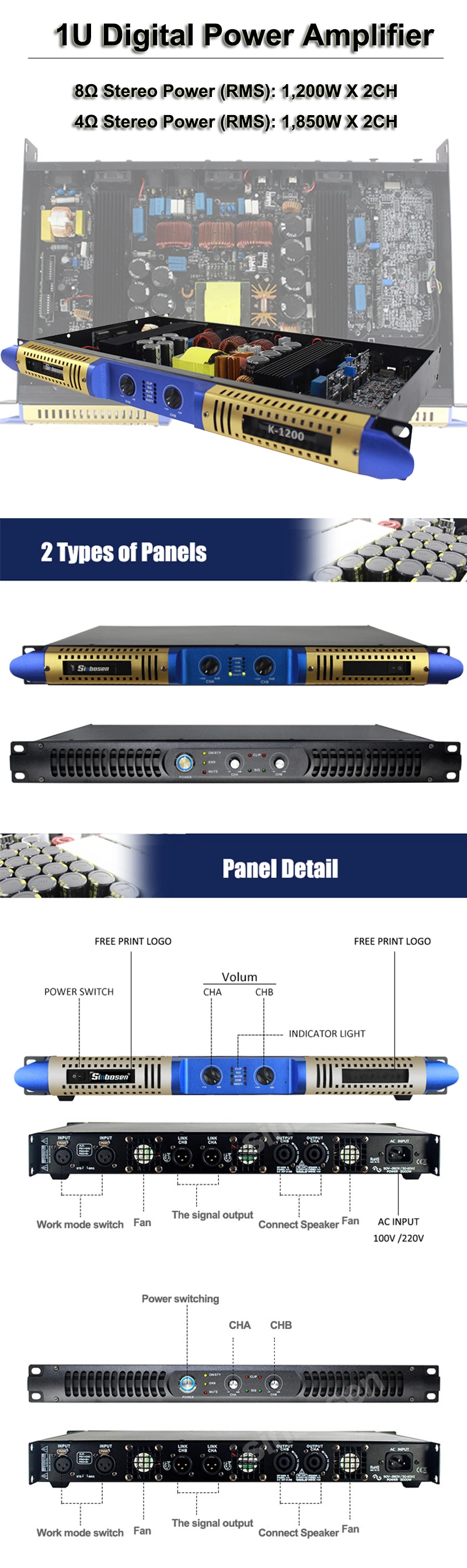 1u Digital 1200W 2CH Professional Bar Amplifier Small Application Professional Power Amplifier