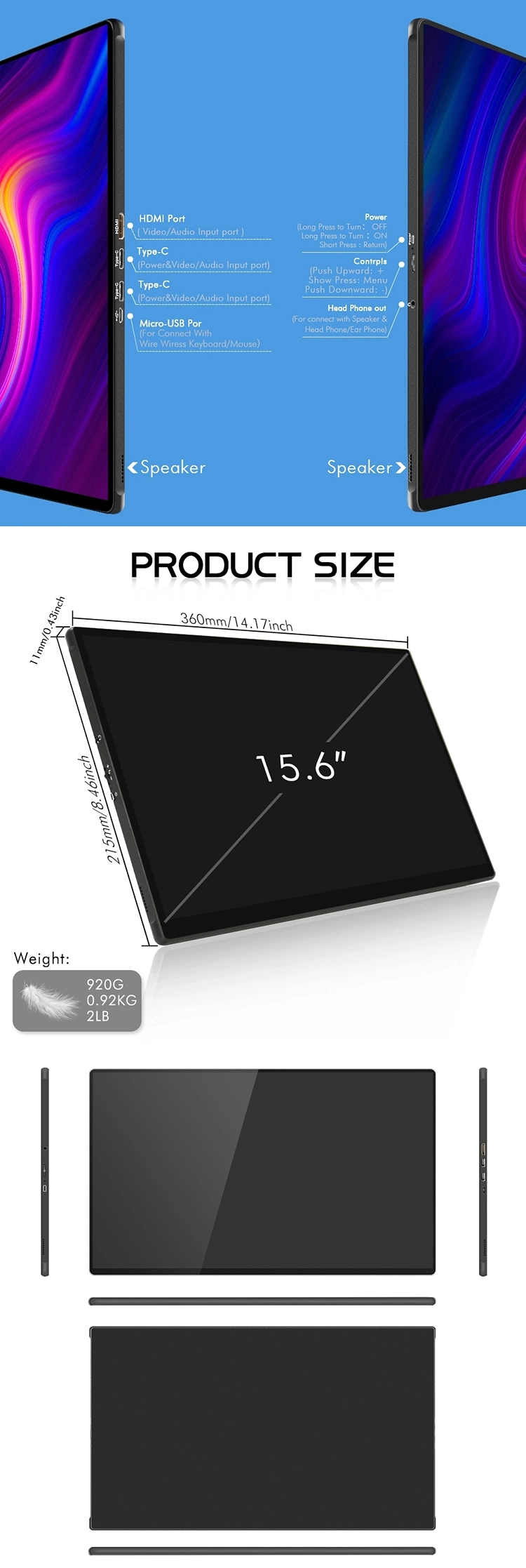 15.6 Inch IPS Monitor Portable Touch Screen Portable Monitor Speaker