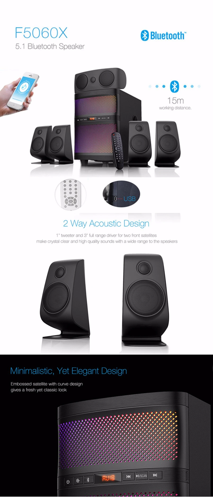 5.1 Home Theater Multimedia Bluetooth Speaker Surround Sound HiFi Speaker with Changeable LED Lights