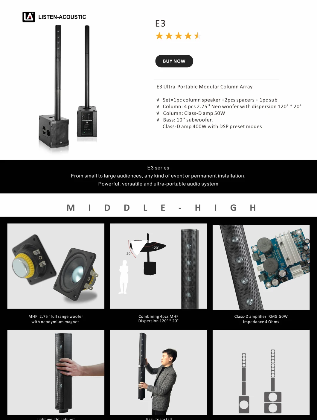 E3 Ultra-Portable Modular Column Array 10'' Subwoofer and Lightweight Column Speaker