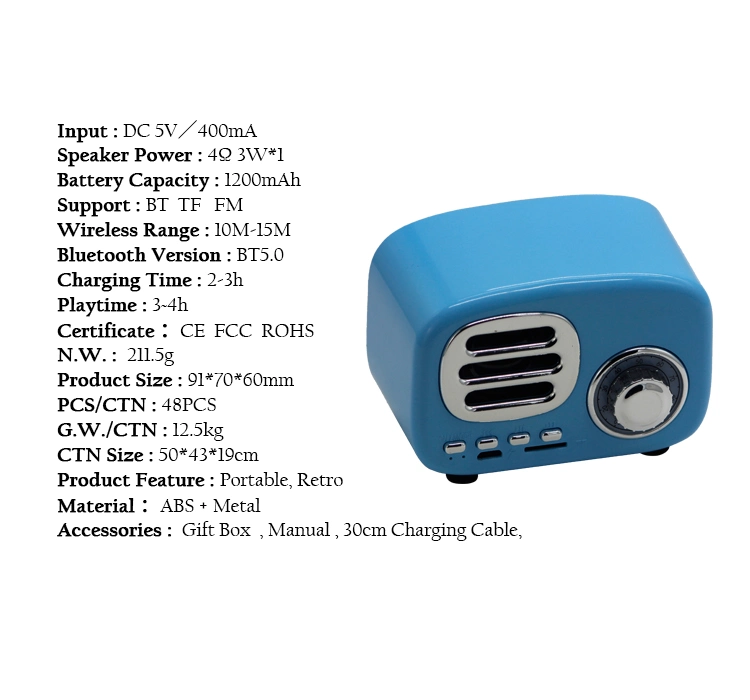 Multi-Color USB Charging Mini Portable Wireless Bt Speaker Classic Style Vogue Design Mini OEM Speaker