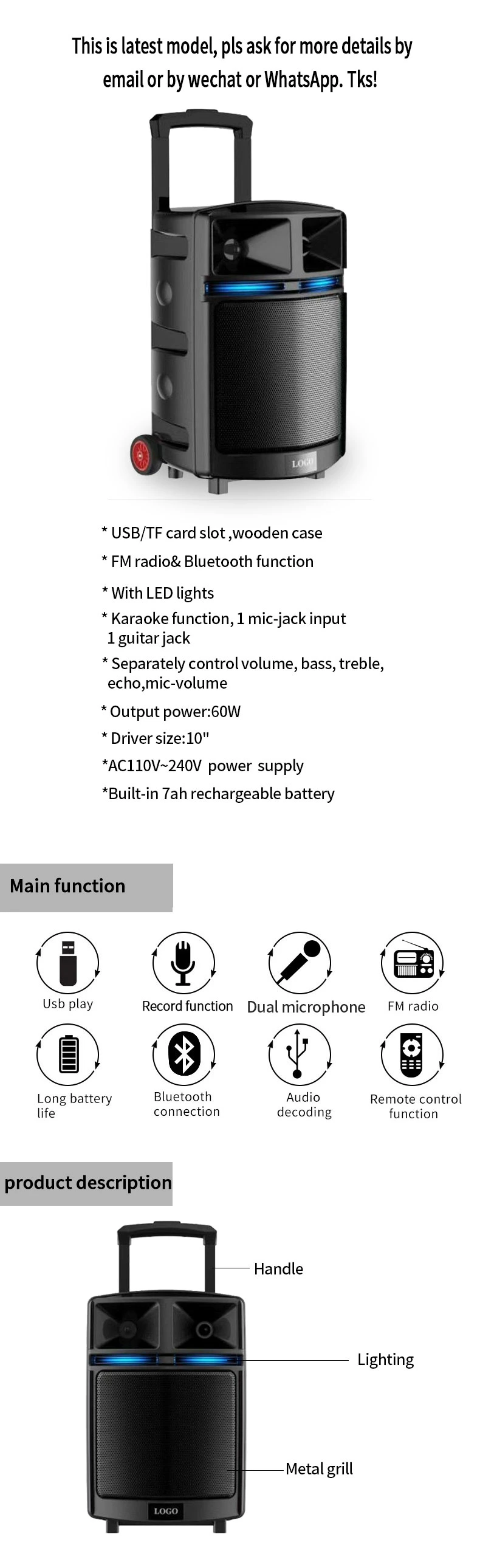 Leisound Multifunction 10 Inch Speaker Big Power Subwoofer DJ PA Speakers Outdoor Portable Trolley Speaker