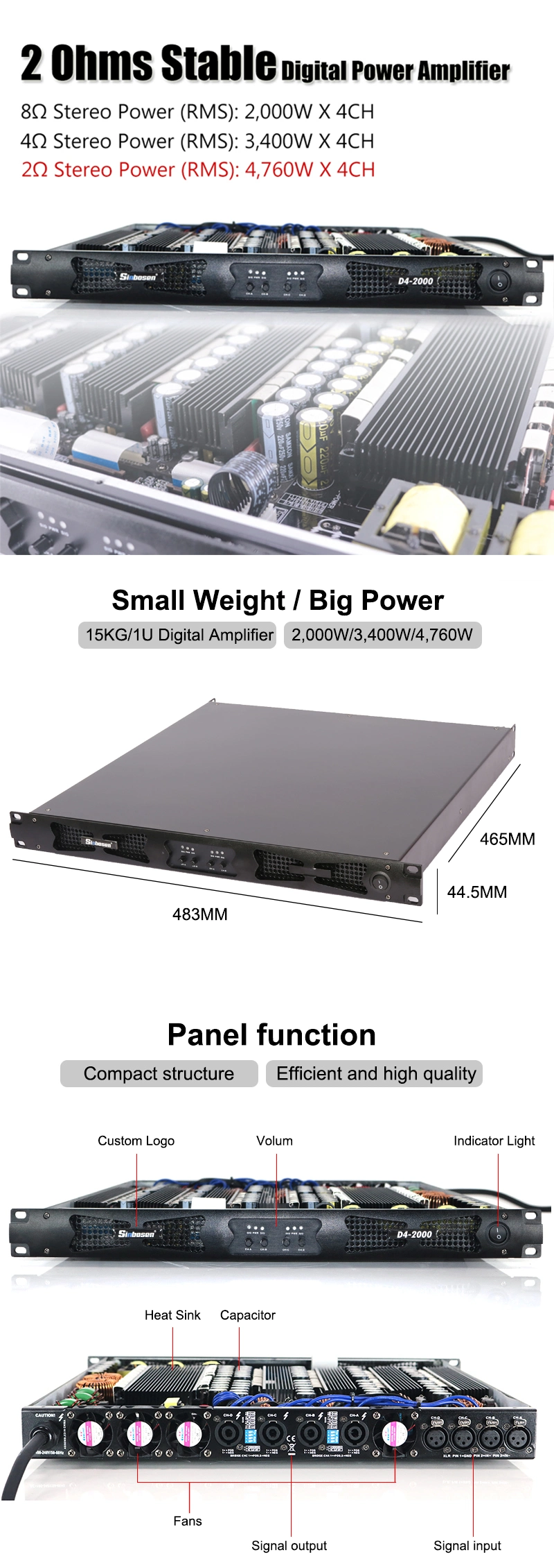 4 Channel 1u Professional Power Amplifier D4-2000 Professional 2 Ohms 4670W Stable Digital Amplifier