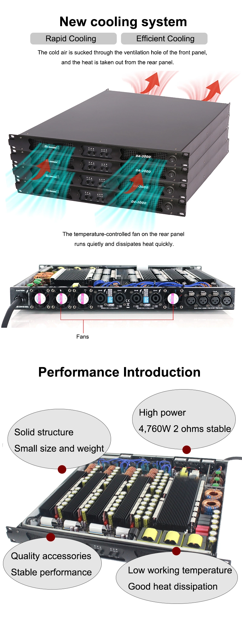 4 Channel 1u Professional Power Amplifier D4-2000 Professional 2 Ohms 4670W Stable Digital Amplifier