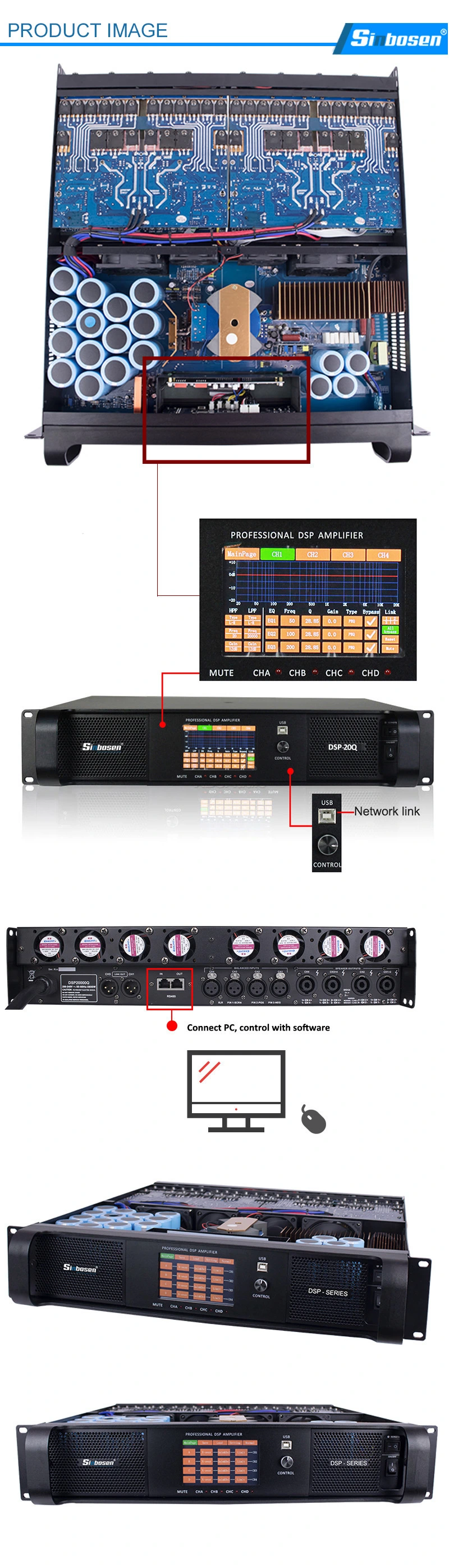 4 Channel 4400W DSP Amplifier Power Mixer Amplifier Digital Power Amplifier DSP20000q