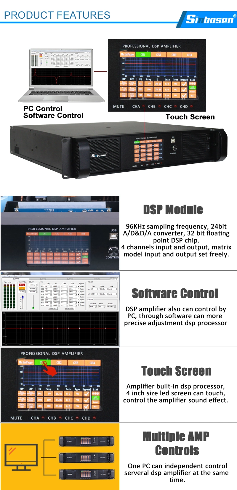 4 Channel 4400W DSP Amplifier Power Mixer Amplifier Digital Power Amplifier DSP20000q