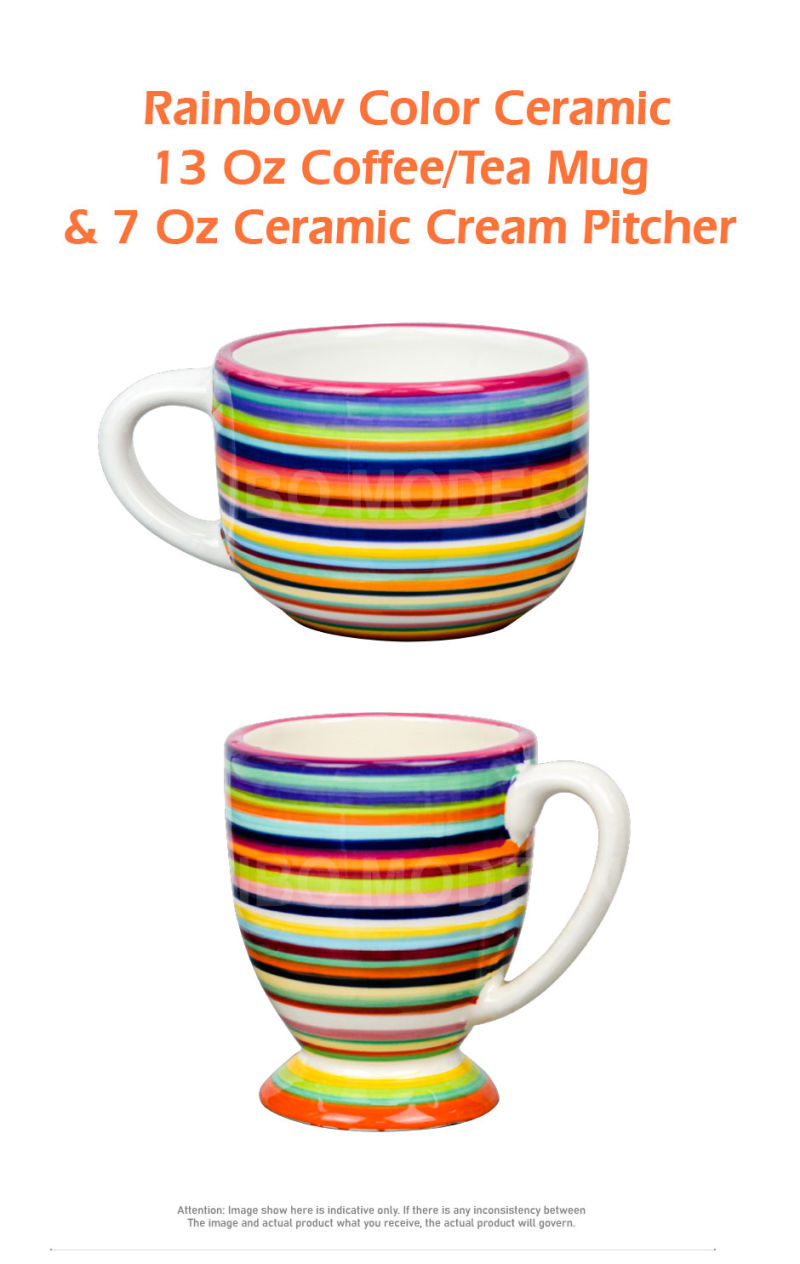 Rainbow Color Ceramic 13 Oz Coffee/Tea Mug & 7 Oz Ceramic Cream Pitcher