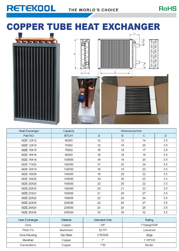 Water to Air Copper Tube Aluminum Fin Heat Exchanger Evaporator for Central-Air Conditioning