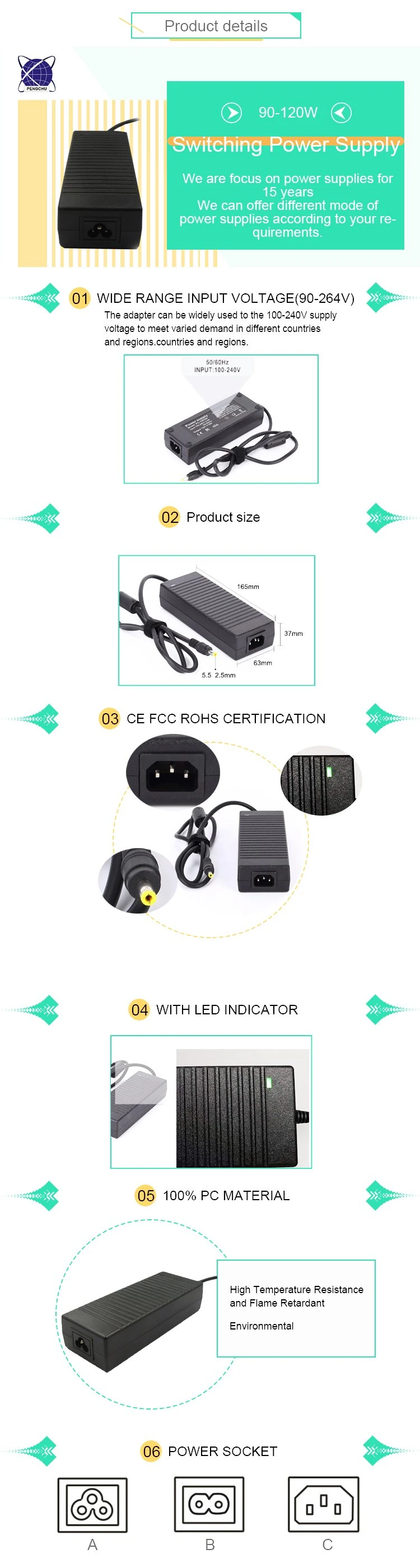 Pengchu 12V 10A AC DC switching power supply 12V AC DC adapter