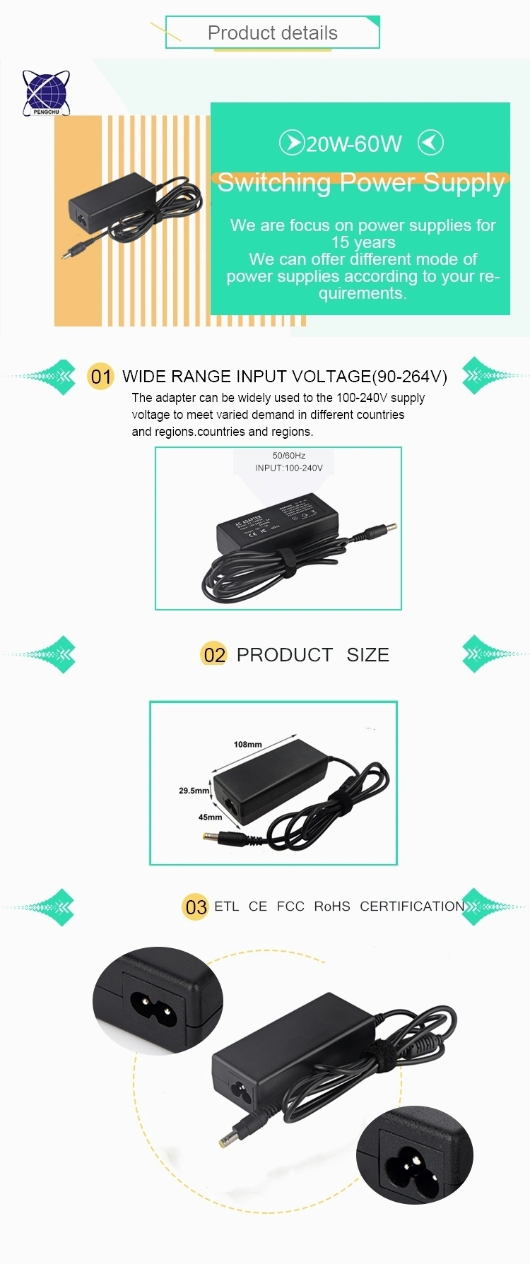 AC DC Adaptor 60W 12V 5A Switch Mode Power Supply Unit