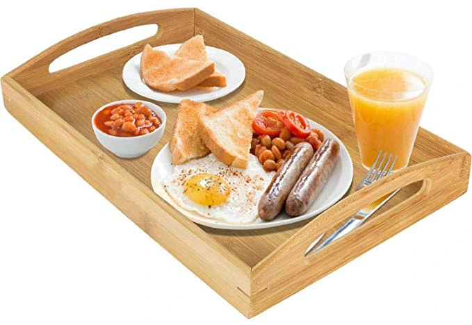 Rectangle Bamboo Butler Serving Tray with Handles, Wood Serving Tray