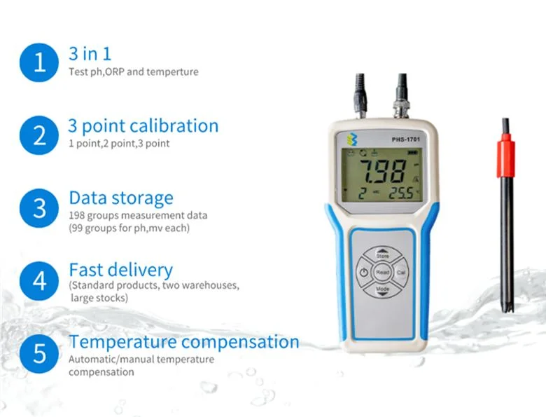 Portable Phs-1701 Swimming Pool Digital pH Meter 0-14pH 0-20mg/L with pH Electrode