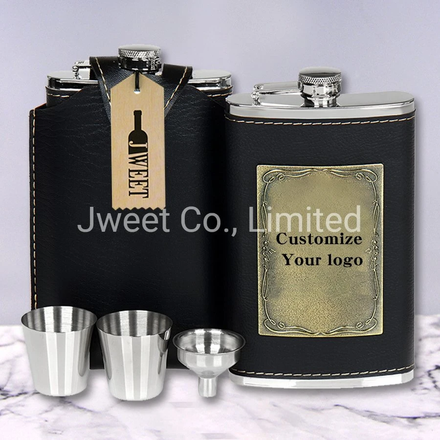 Leather Cover Personalized Logo Whiskey Hip Flask with Funnel