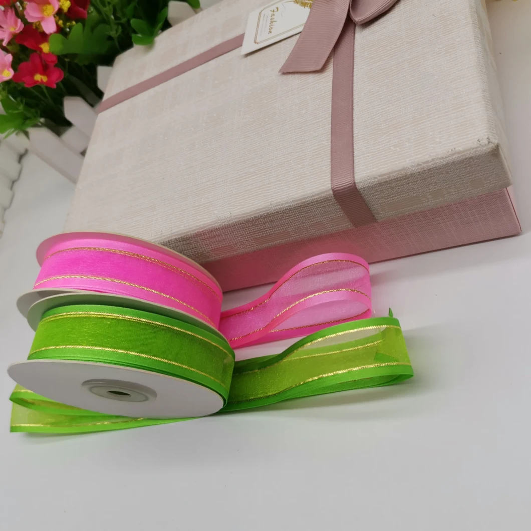 Satin Edge Organza Ribbon with Gold/Silver Lines for Hair Bows/Flowers/Decoration/Christmas