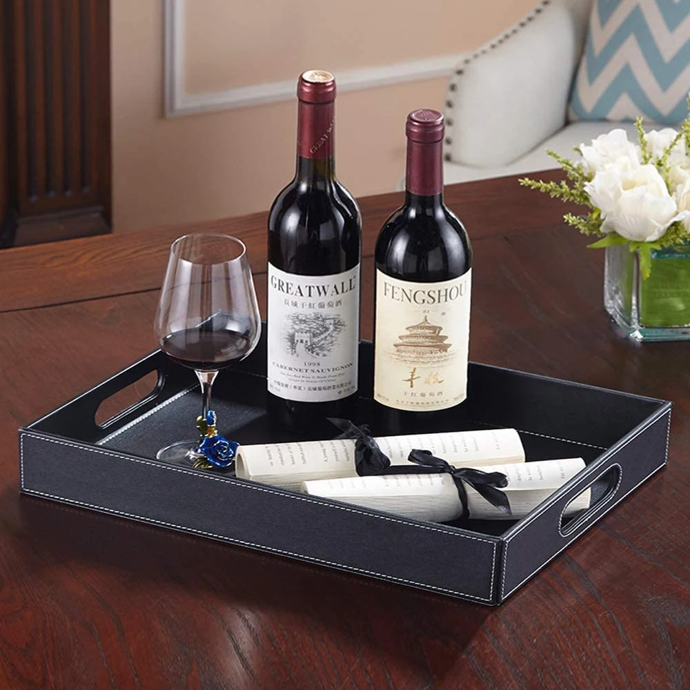 Table Countertop Storage Organizer Hotel Use PU Leather Decorative Black Serving Tray with Handles