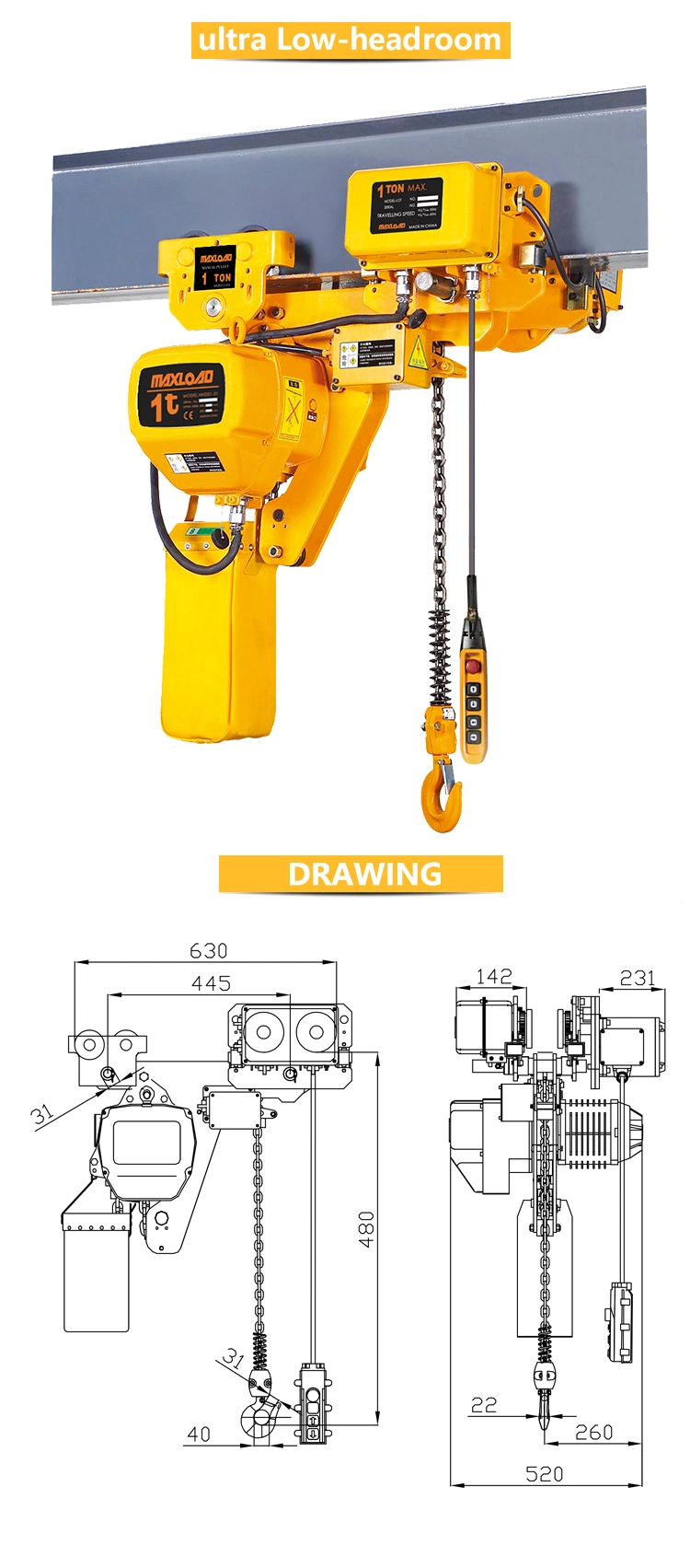 Electric Chain Hoist with Slipping Clutch (low headroom type)