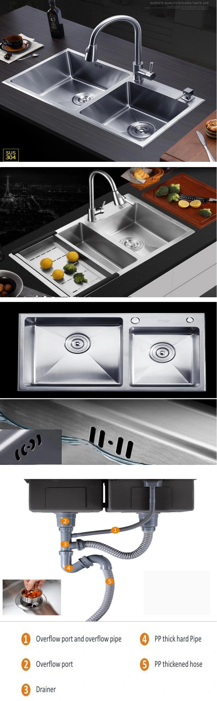 High Standard Double Bowl Sink Topmount 304 Stainless Steel Black Nano Kitchen Sink