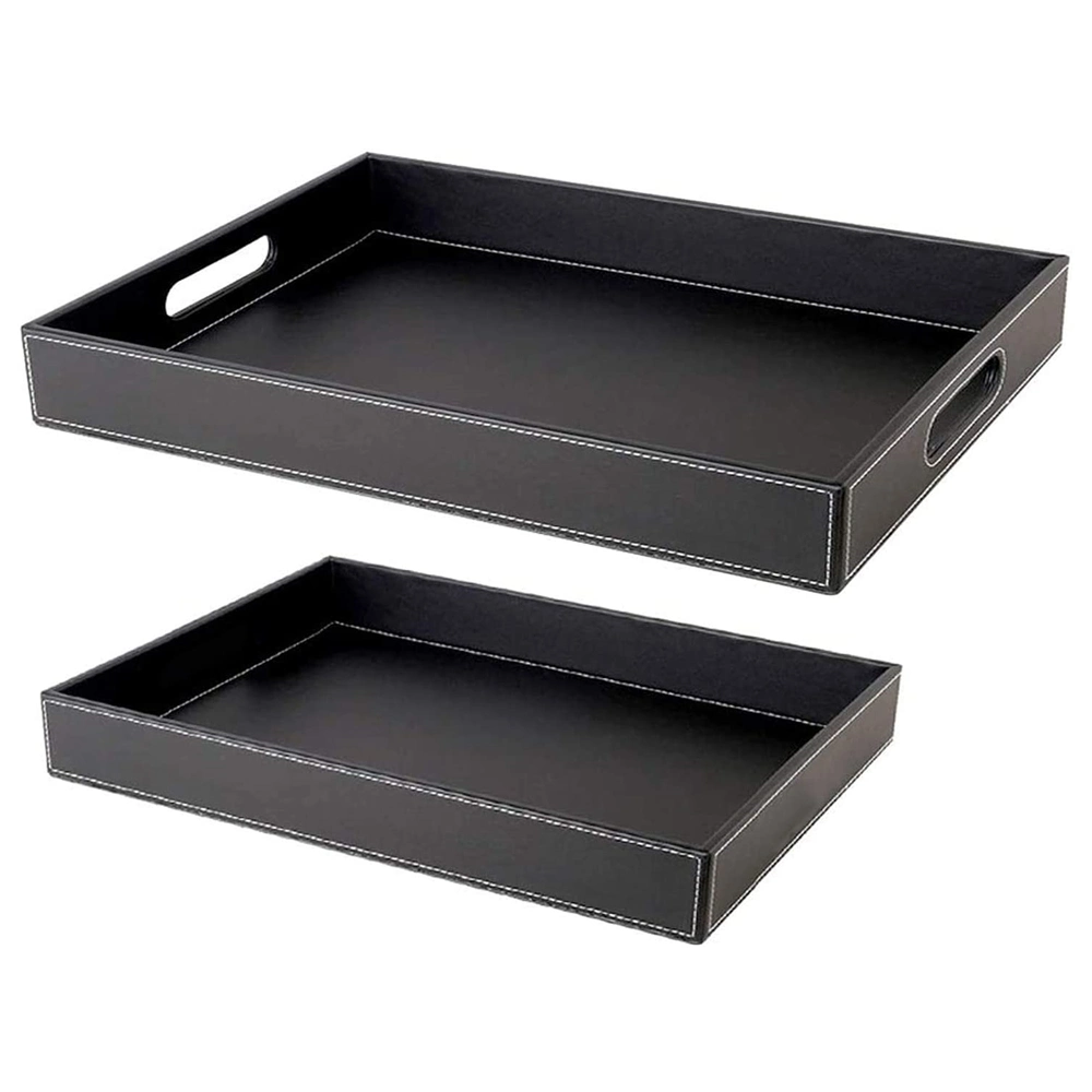 Table Countertop Storage Organizer Hotel Use PU Leather Decorative Black Serving Tray with Handles