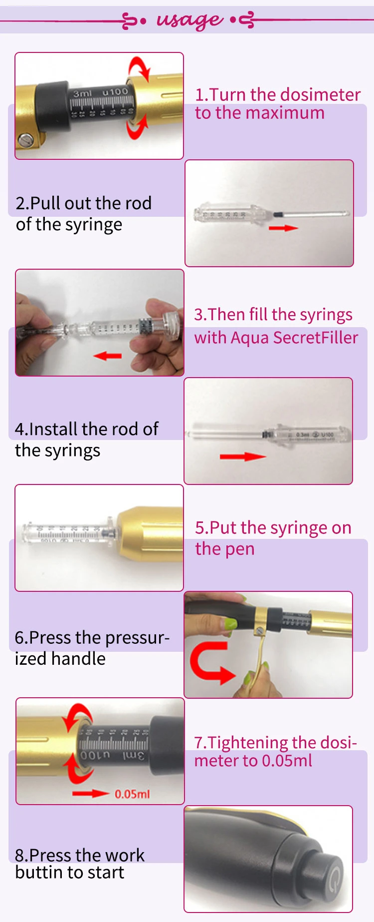 Top Quality Low Price Lip Injectable Filler Injector 0.3ml/0.5ml Black Hyaluronic Acid Pen