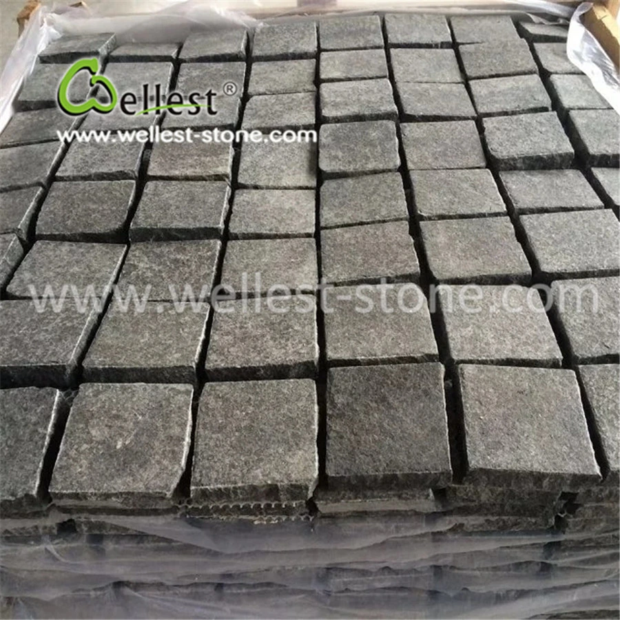 High-End Flamed Surface Split Edge Black Granite Mesh Cobblestone for Walkway Paving