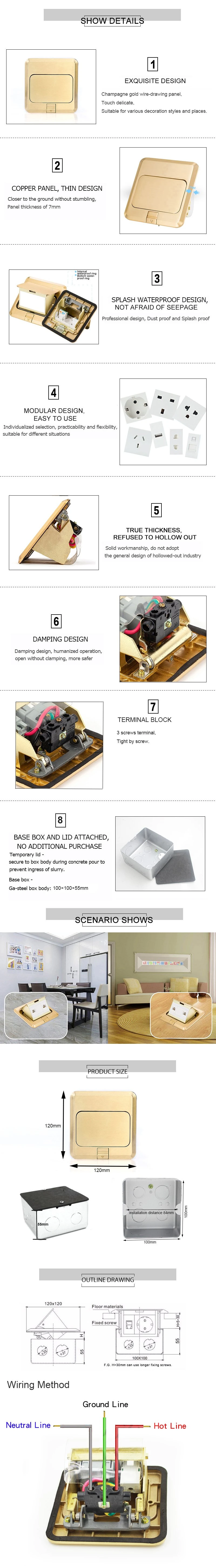 Brass Material Single Pop up Type Floor Socket Box with Us Socket Cat 6 RJ45 Data