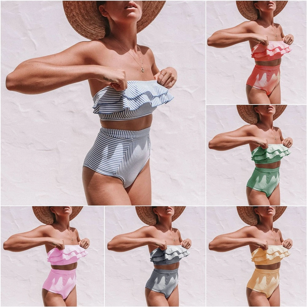 Bikini Set Swimsuit Women's off Shoulder Ruffle Flounce Top and High Waisted Bottom Esg11565