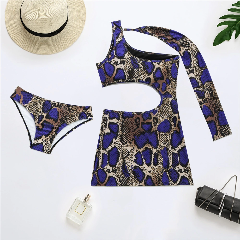 Brazilian Swimwear Bathing Suit One Shoulder Long Sleeve Swim Skirt Short Beach Dress