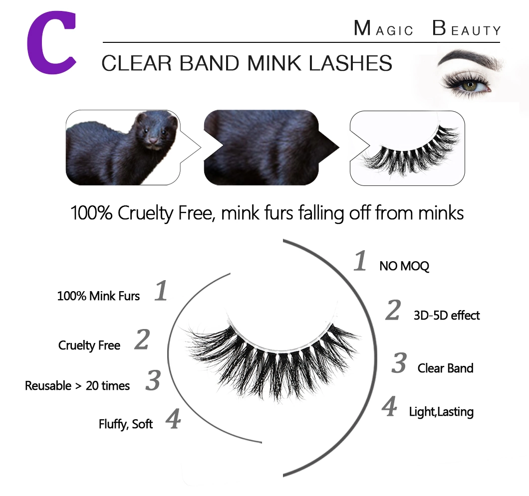 100% Handmade Clear Band Fashionable Eyelashes Beauty False Eyelash Invisible Band Mink Eye Lashes for Cosmetics