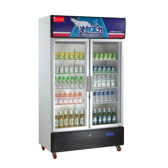 Vertical Double Glass Door Soft Drink Beverage Display Cooler Showcase Cooler Upright Refrigerator