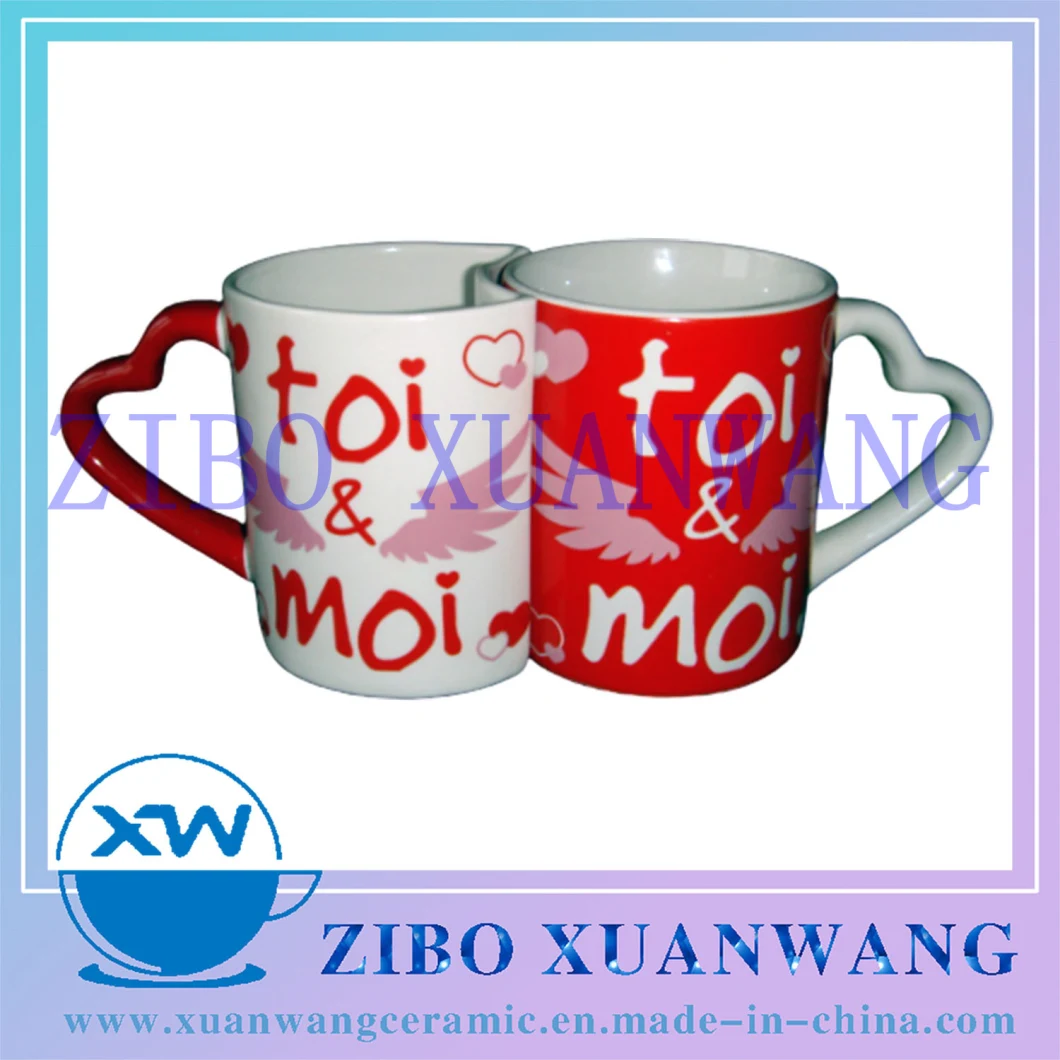 Popular Ceramic Mug Gift Mug with Heart Handle Love Printing Sell as One Set for Gift