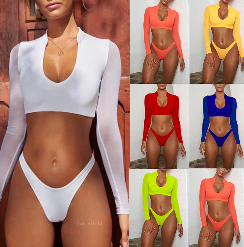 Sexy Long Sleeve Mesh Bikini Two Piece Bathing Suit Swimsuit